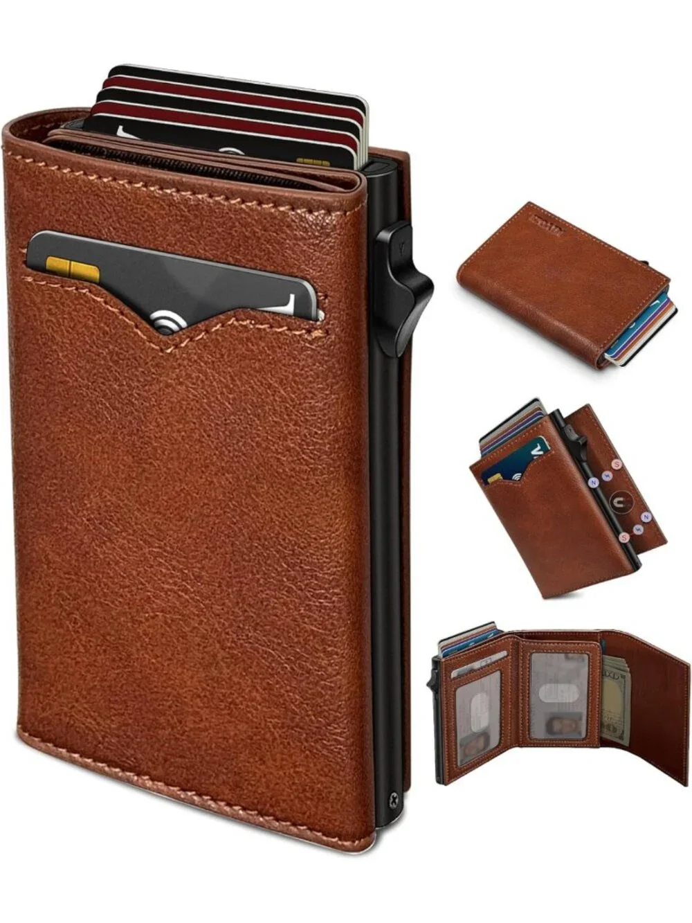 Slim RFID Blocking Wallet for Men, Cash Pocket, 2 ID Windows, Pop-Up Card Holder